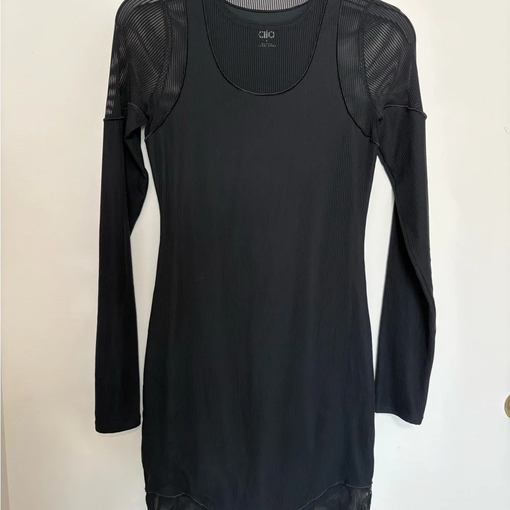 Alo Yoga Striped Mesh Synergy Long Sleeve Dress.